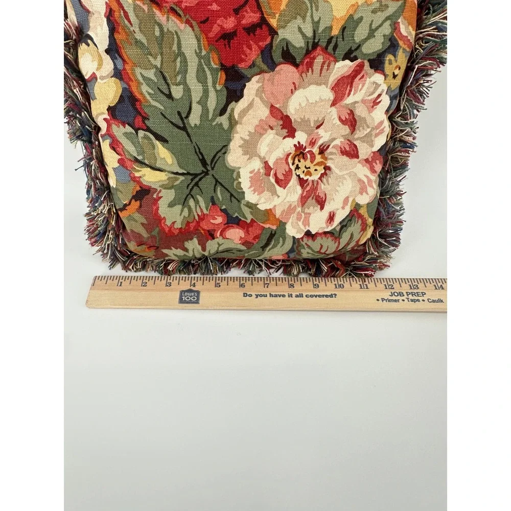 Vintage Floral Tapestry Throw Pillow Peony Garden Cottagecore Fringe 11x11